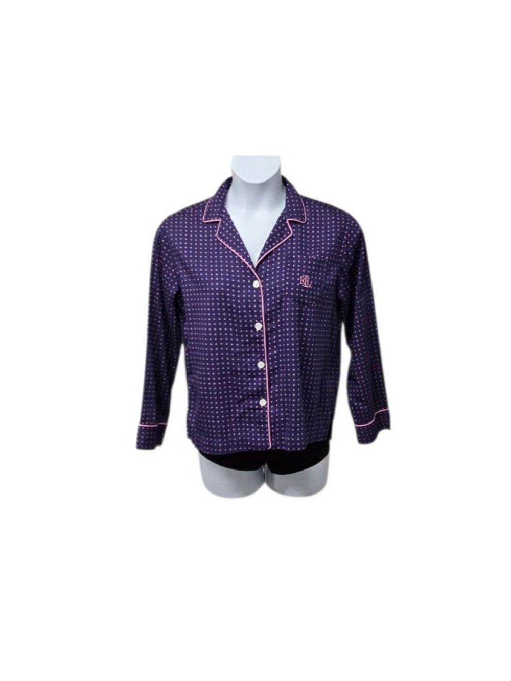 Lauren Ralph Lauren Size Medium Navy Pink Polka-Dot Pajama Top Embroidered Logo